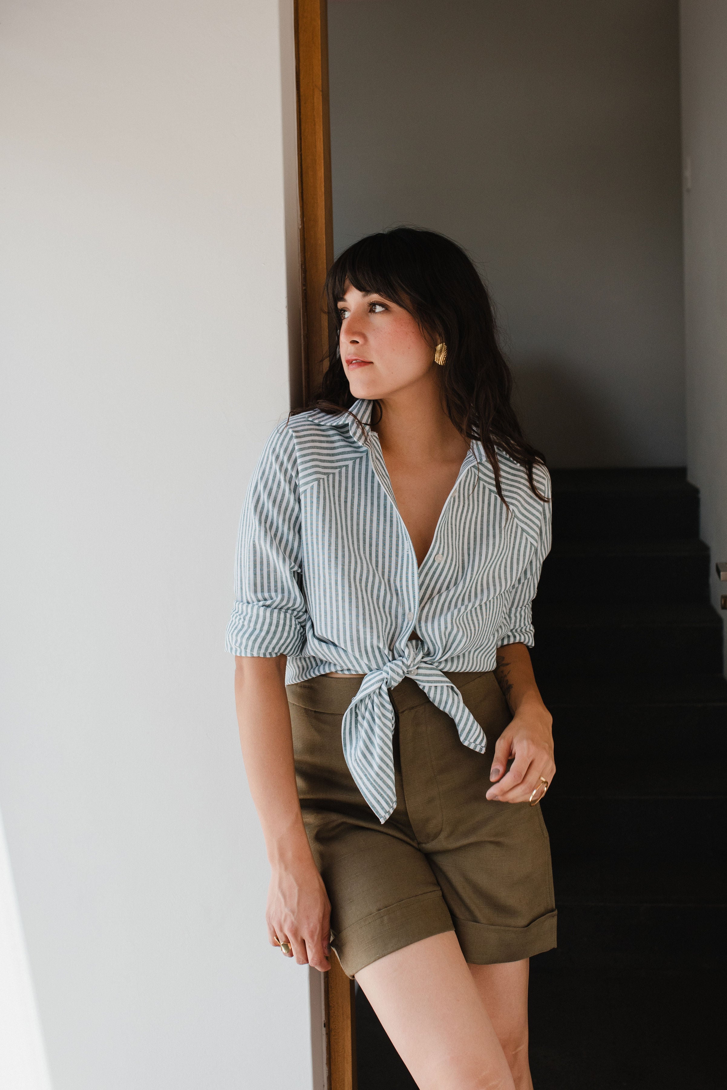 Camisa de Lino Manga Ranglan Líneas Verde