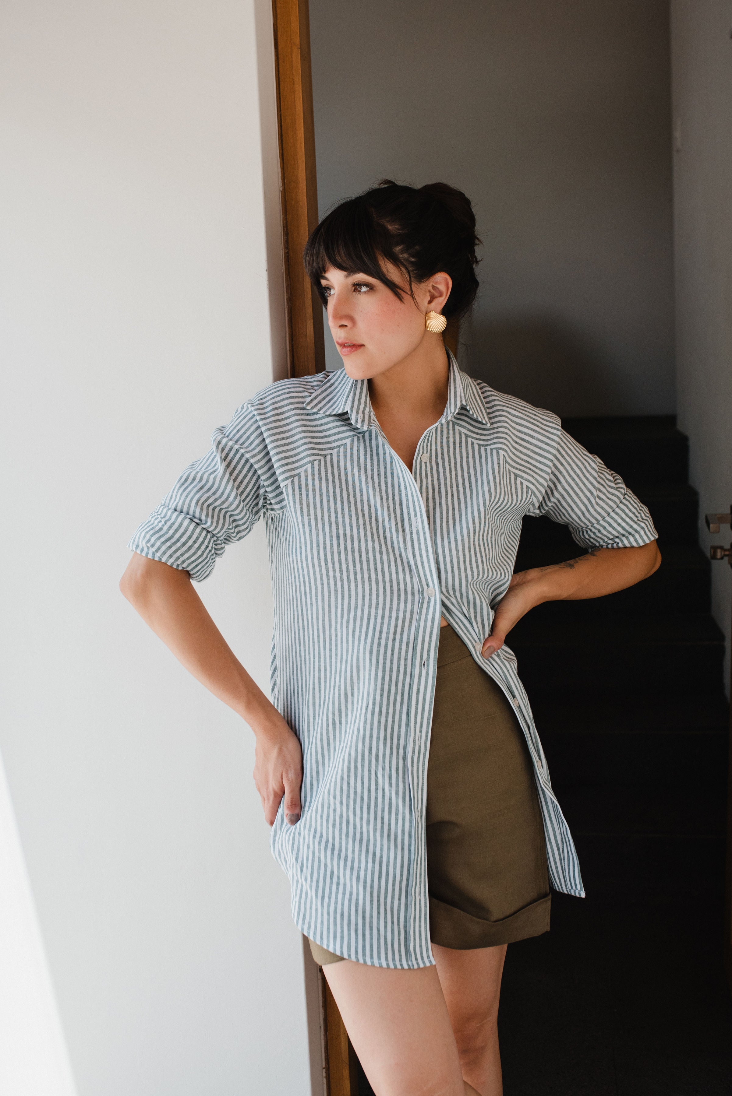 Camisa de Lino Manga Ranglan Líneas Verde