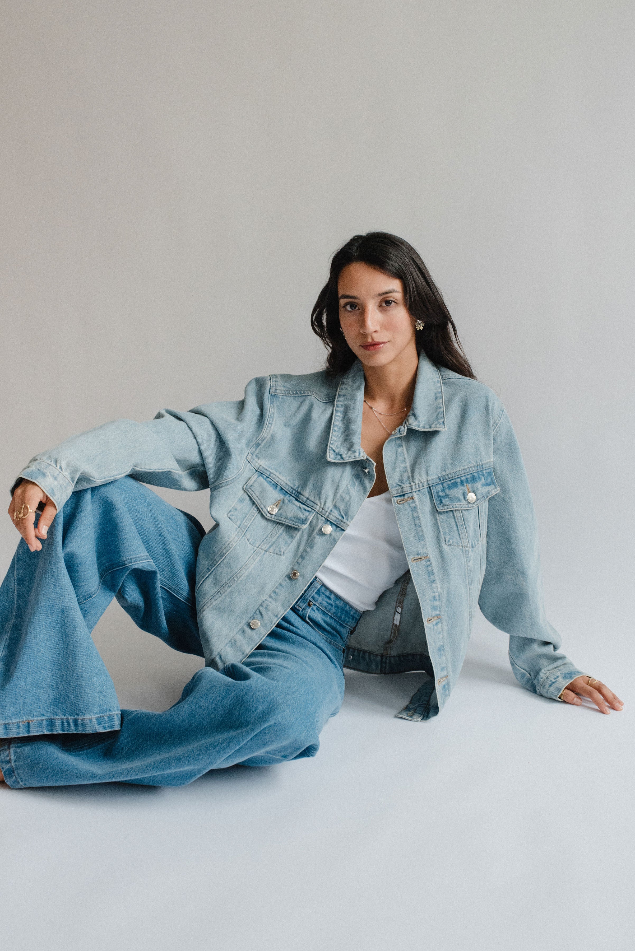Two-tone Denim Jacket with Embroidered Map