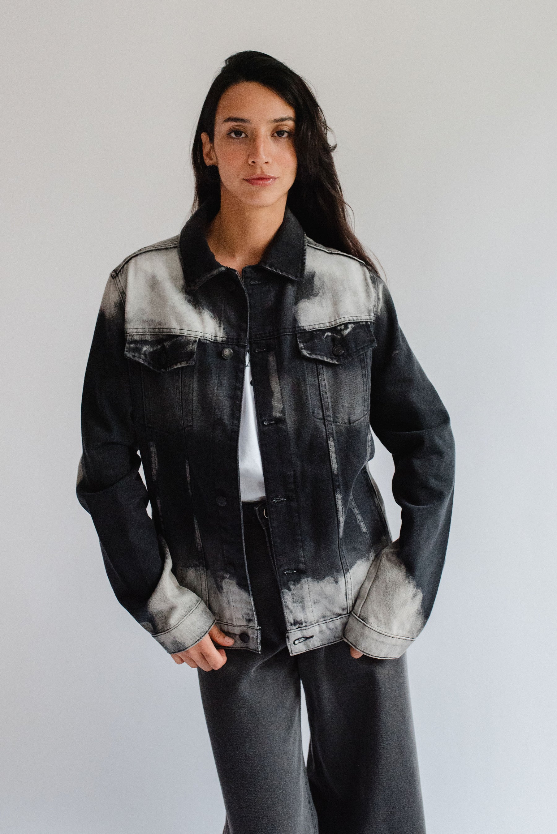 Two-tone Denim Jacket with Embroidered Map