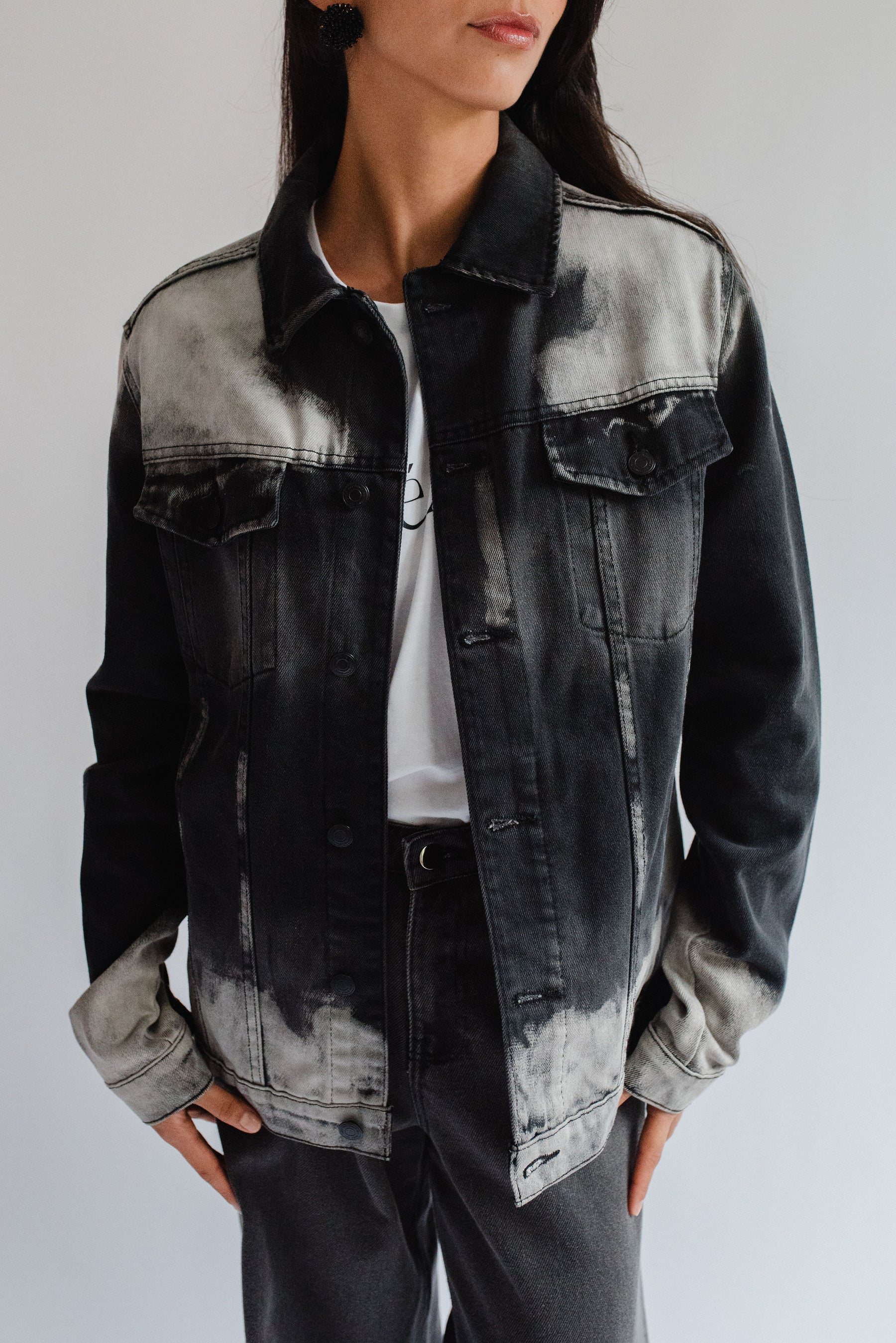 Two-tone Denim Jacket with Embroidered Map