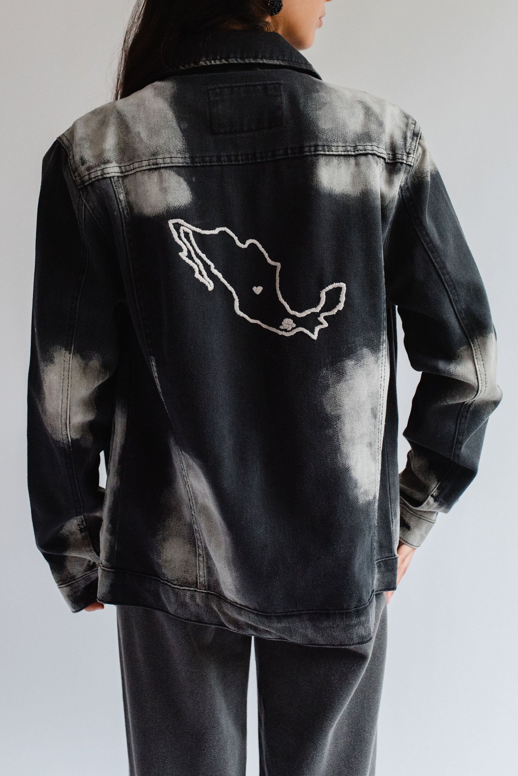 Two-tone Denim Jacket with Embroidered Map