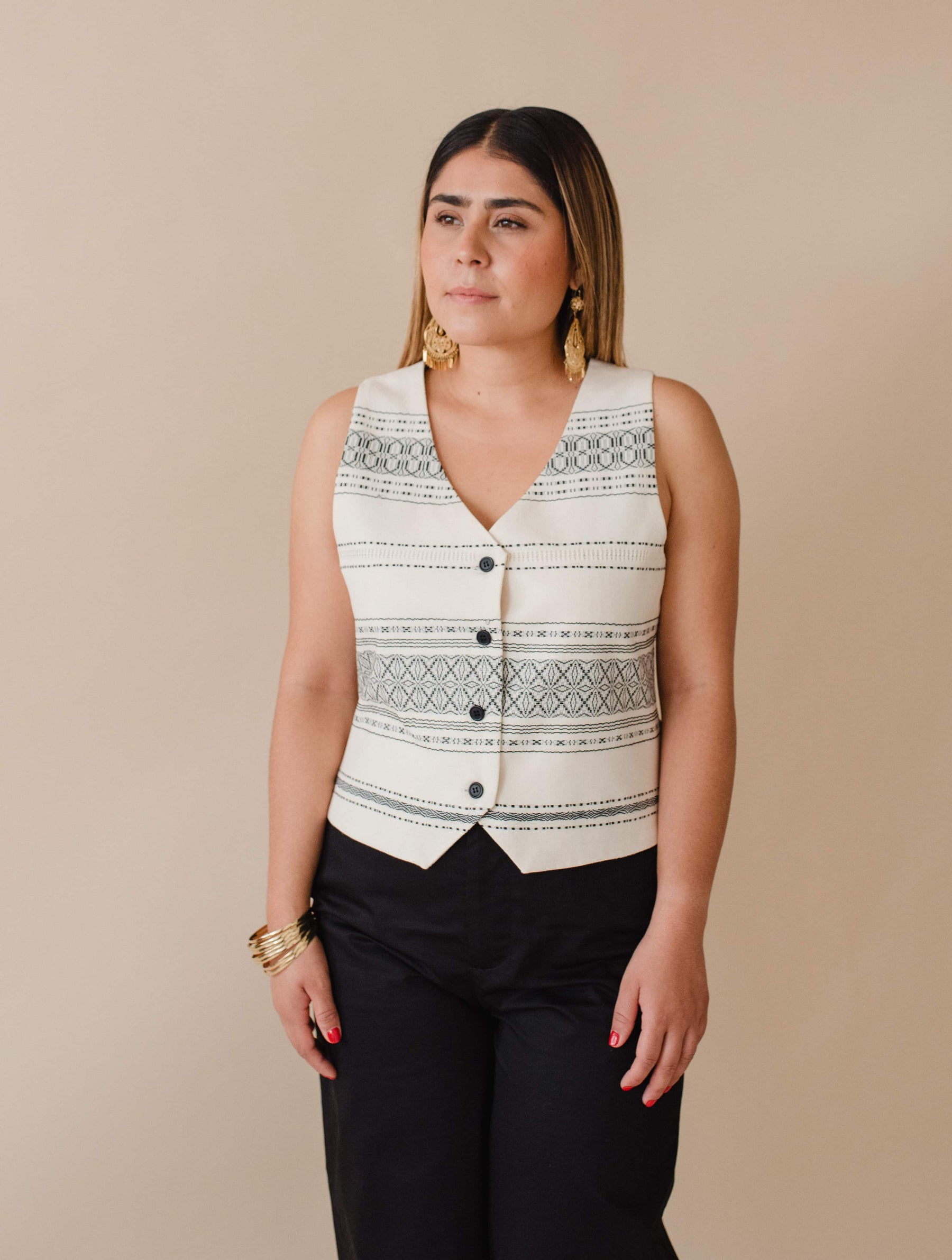 Chaleco Confianza Telar Hueso/Negro