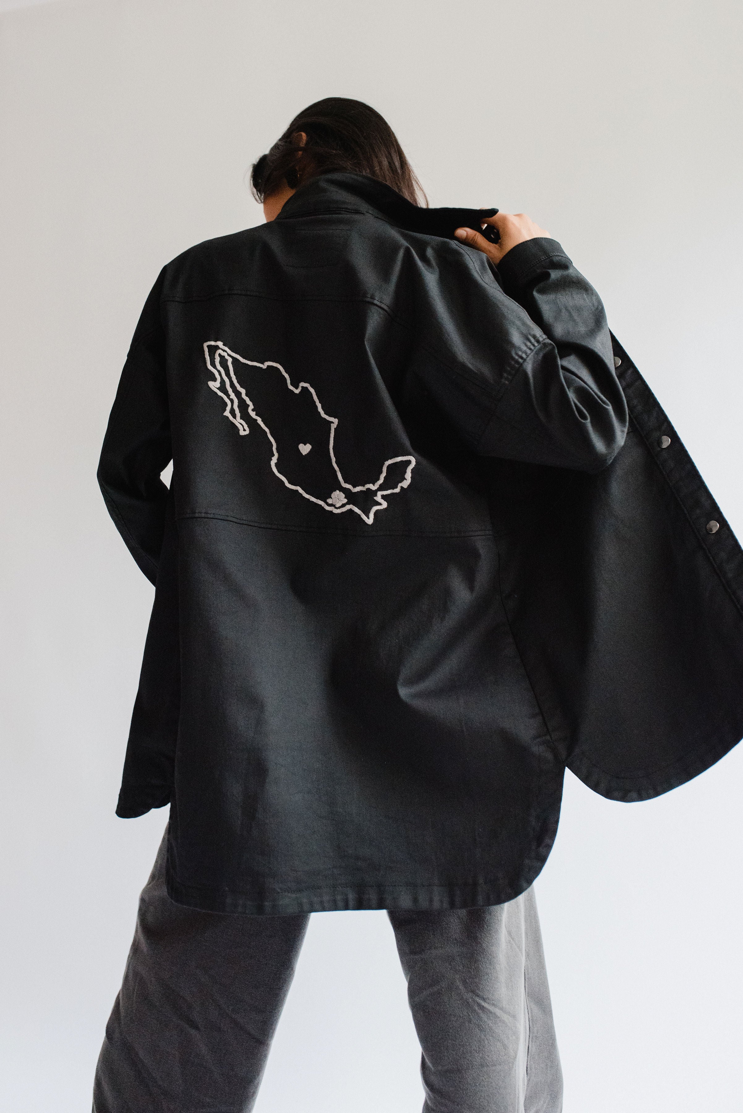 Two-tone Denim Jacket with Embroidered Map