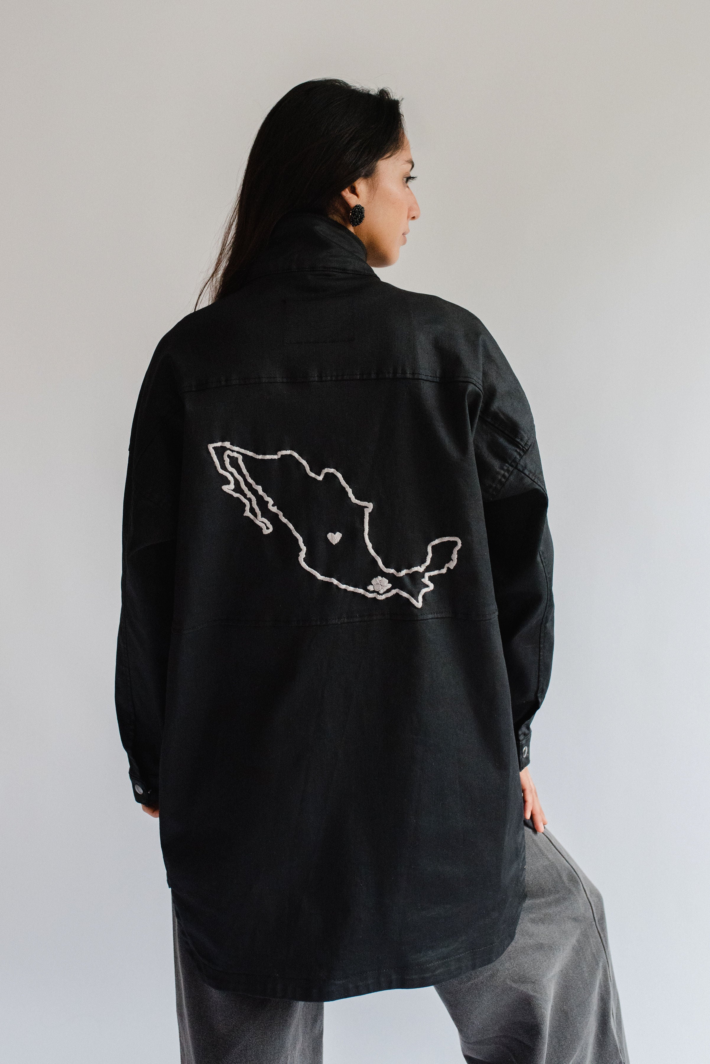 Two-tone Denim Jacket with Embroidered Map