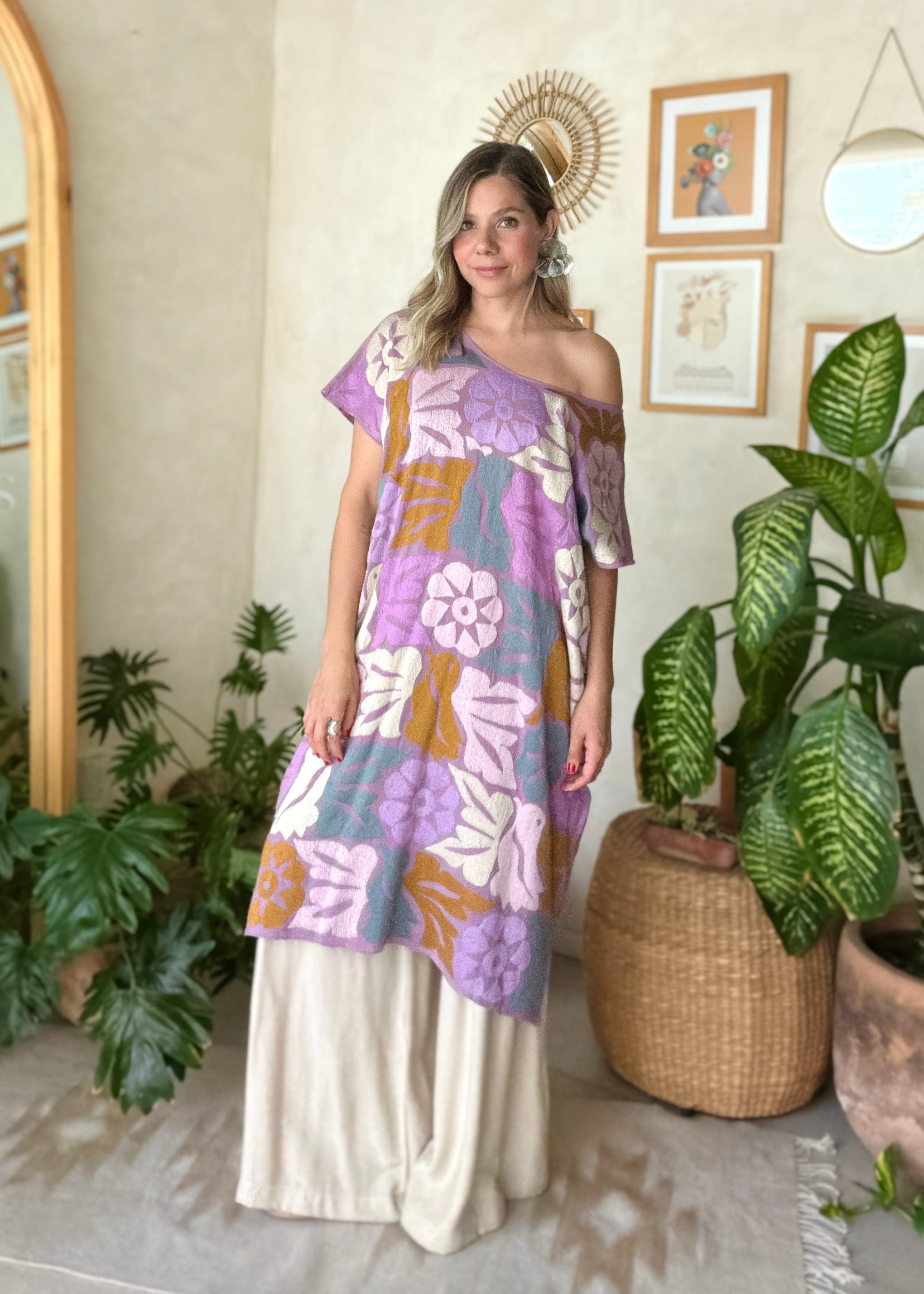 Huipil Jalapa Lila Gris Azulado/ Hueso Dorado Oscuro Lila