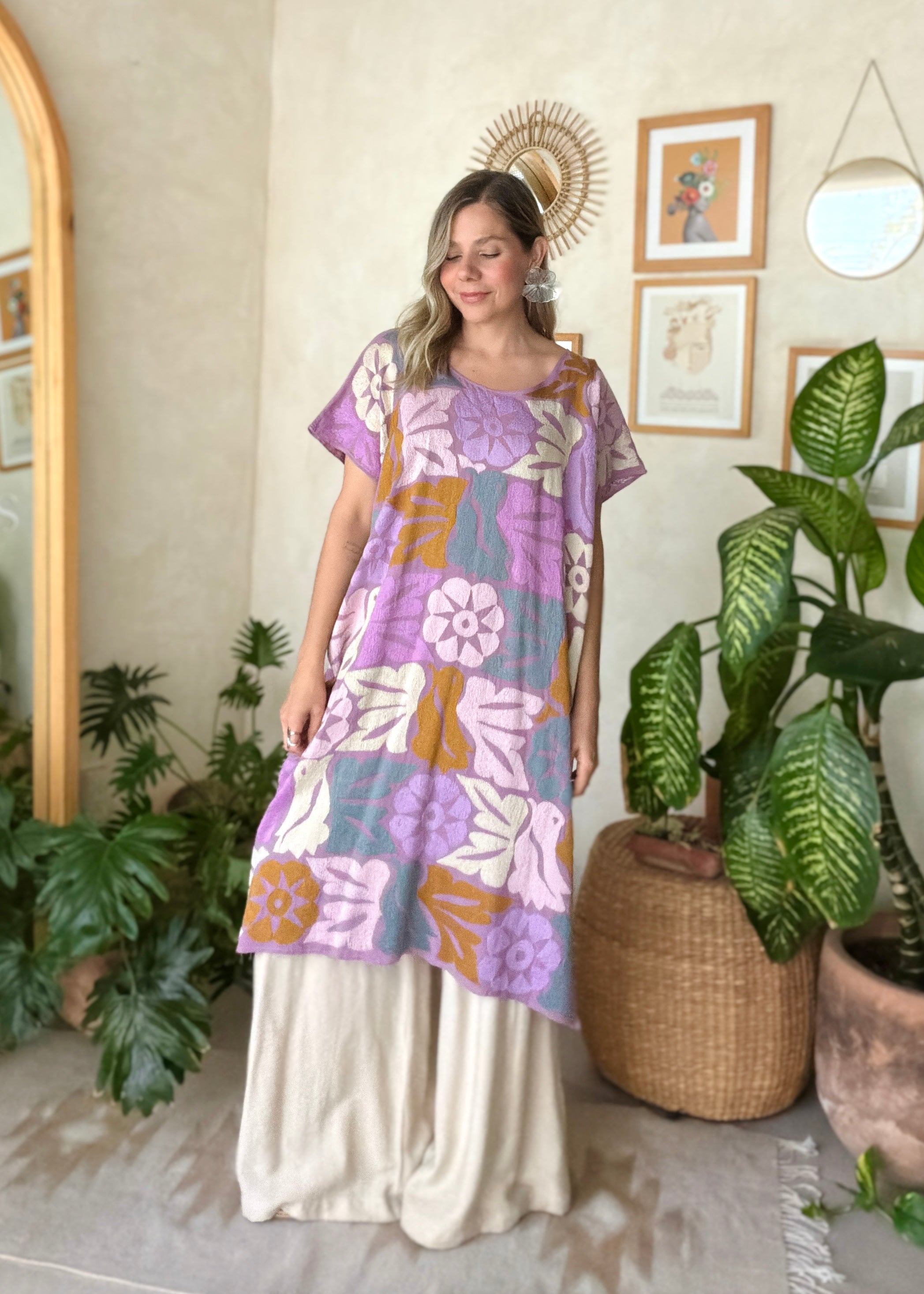 Huipil Jalapa Lila Gris Azulado/ Hueso Dorado Oscuro Lila