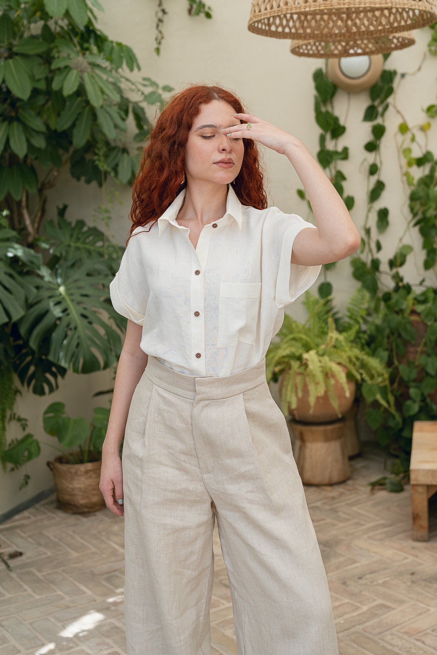 Camisa de Lino Marfil Manga Corta
