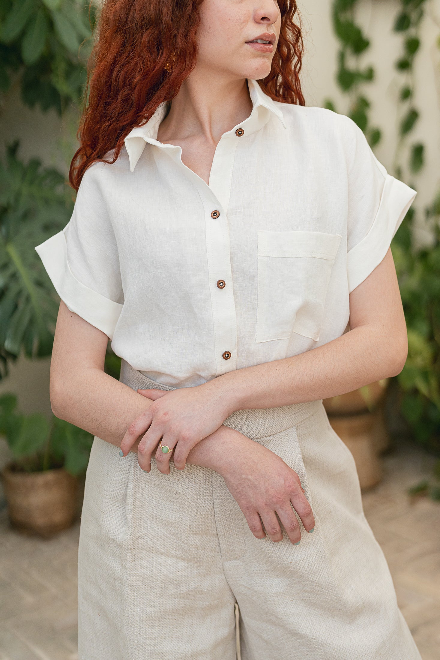 Camisa de Lino Marfil Manga Corta