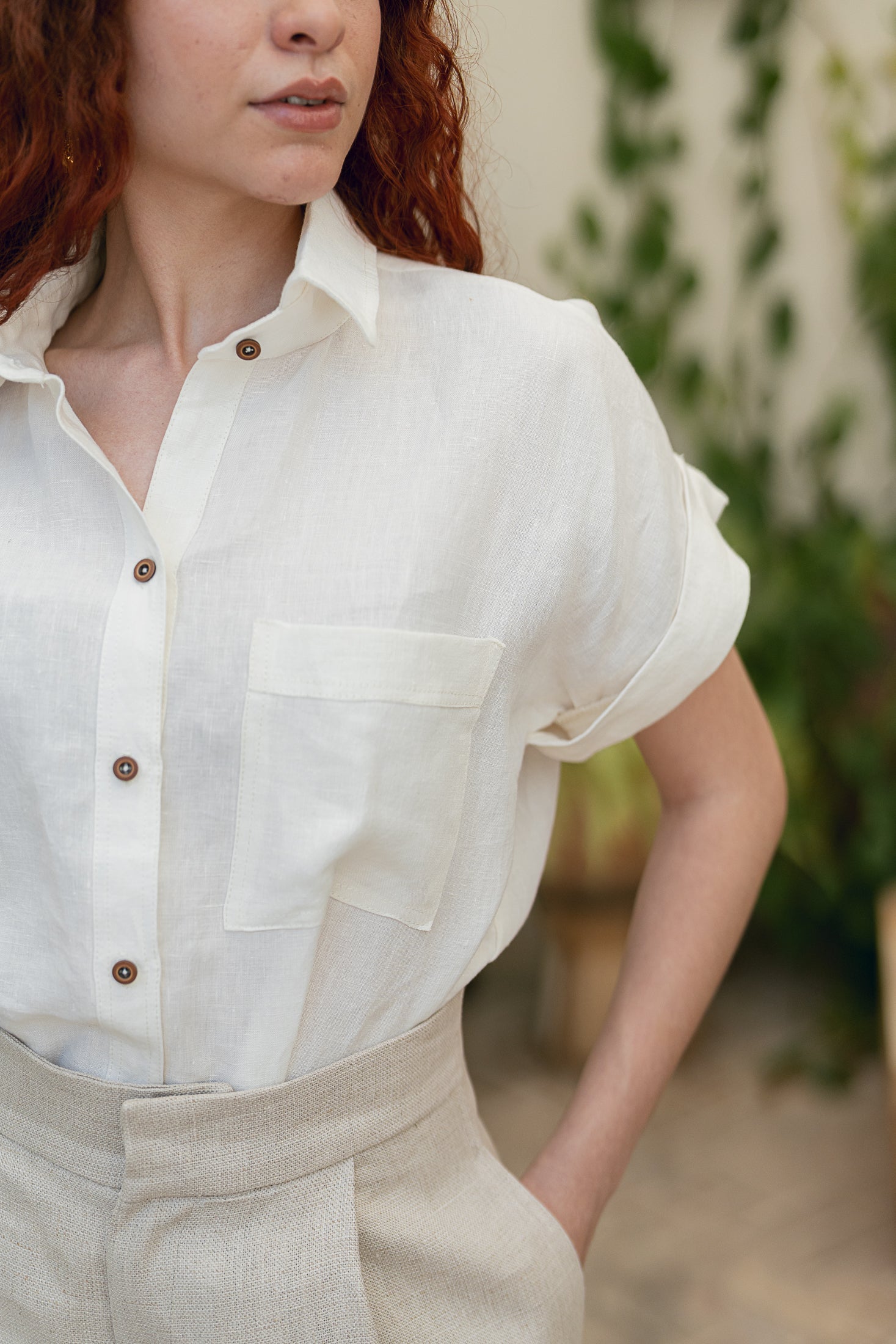 Camisa de Lino Marfil Manga Corta