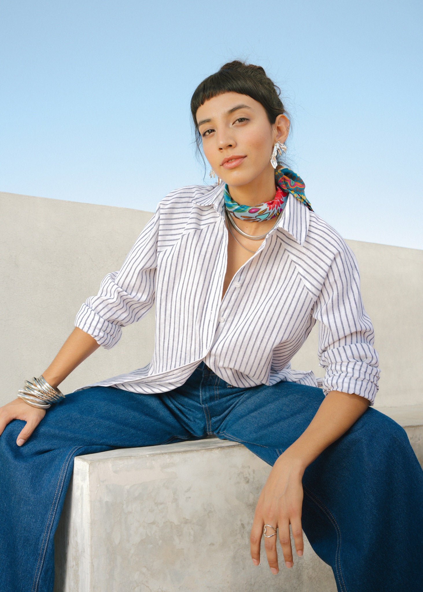 Linen Shirt Ranglan Sleeve Blue Lines