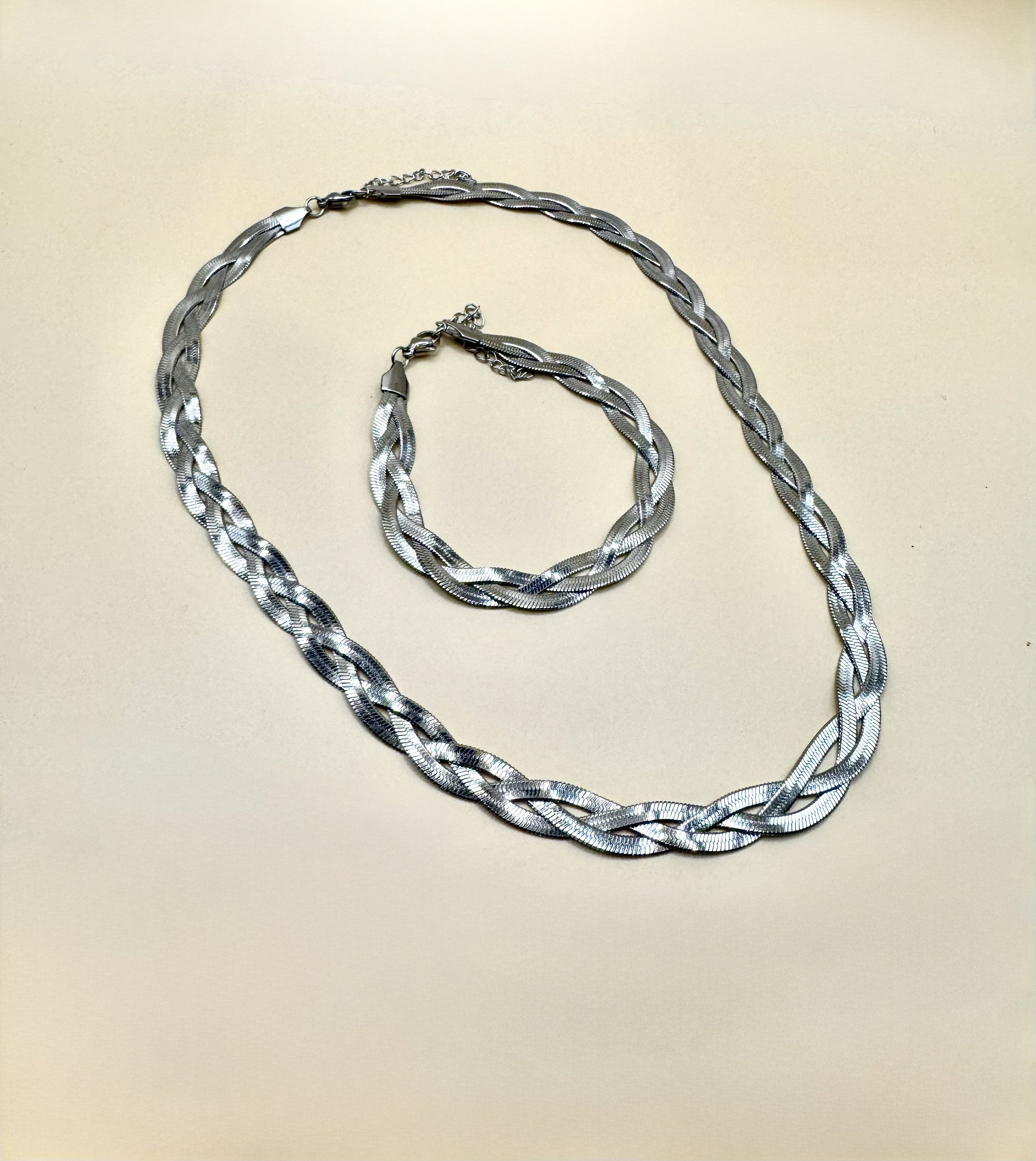 Juego Collar Y Pulsera Trenzado Plata N47