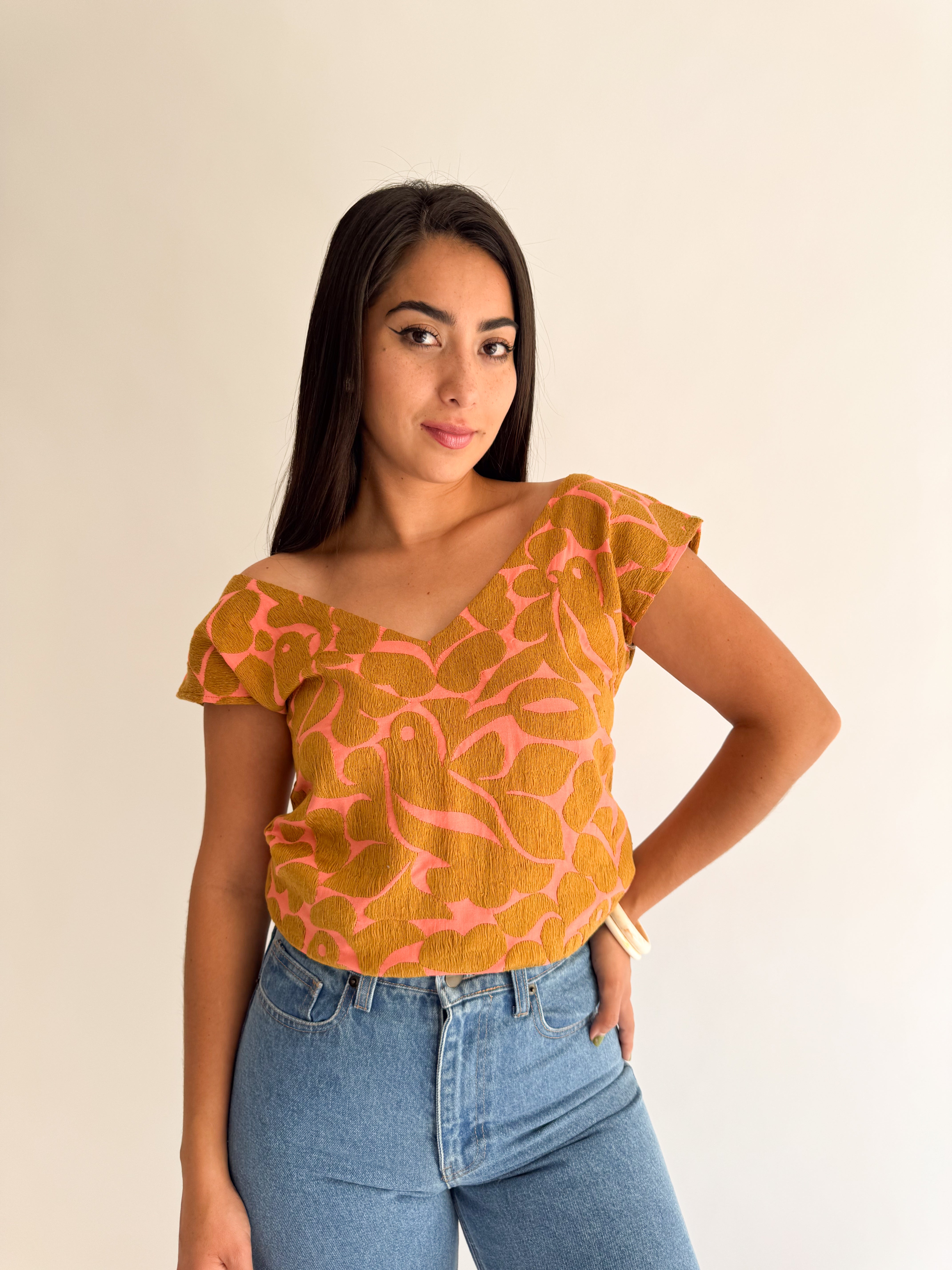 Jalapa V Coral/Gold Blouse