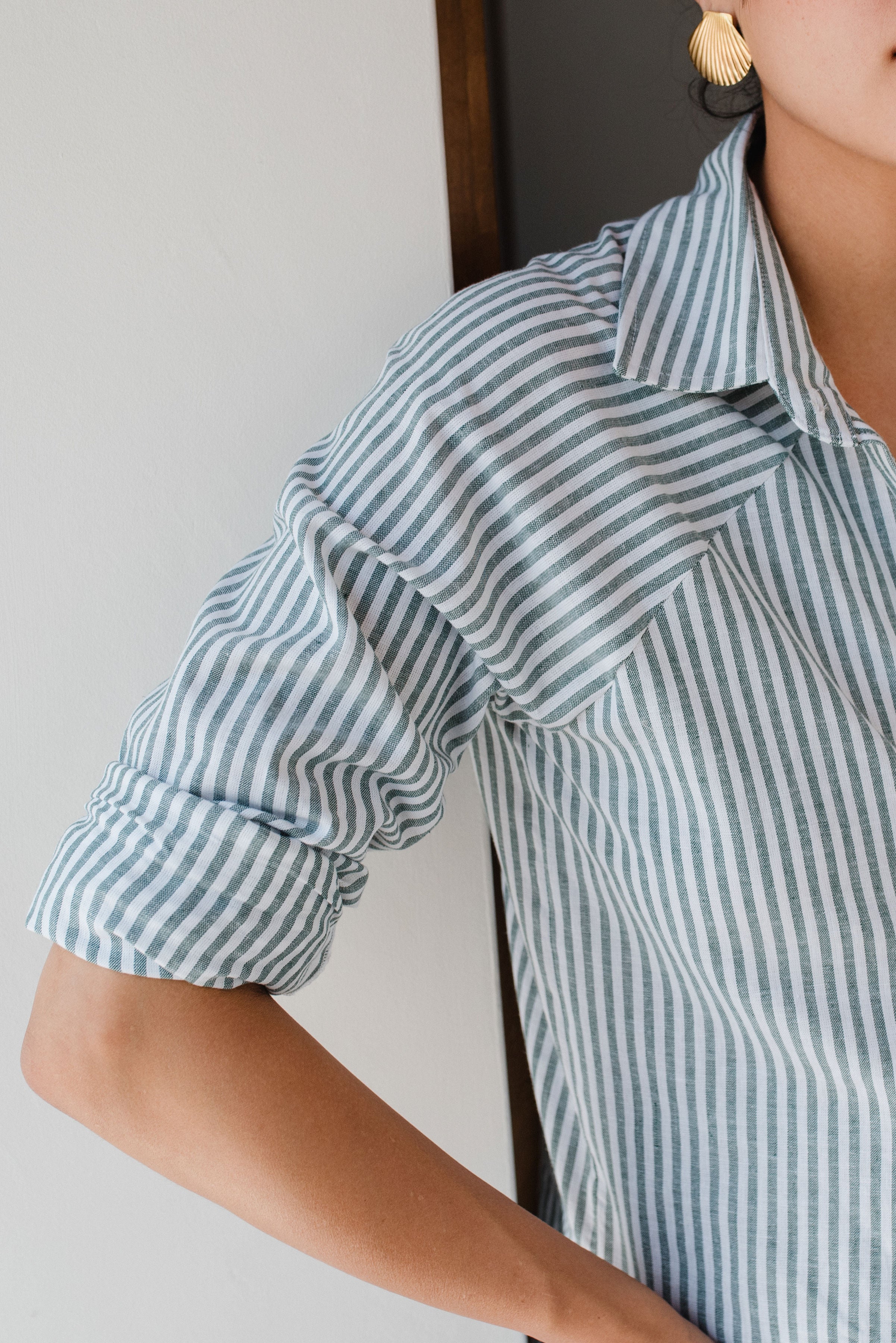 Camisa de Lino Manga Ranglan Líneas Verde