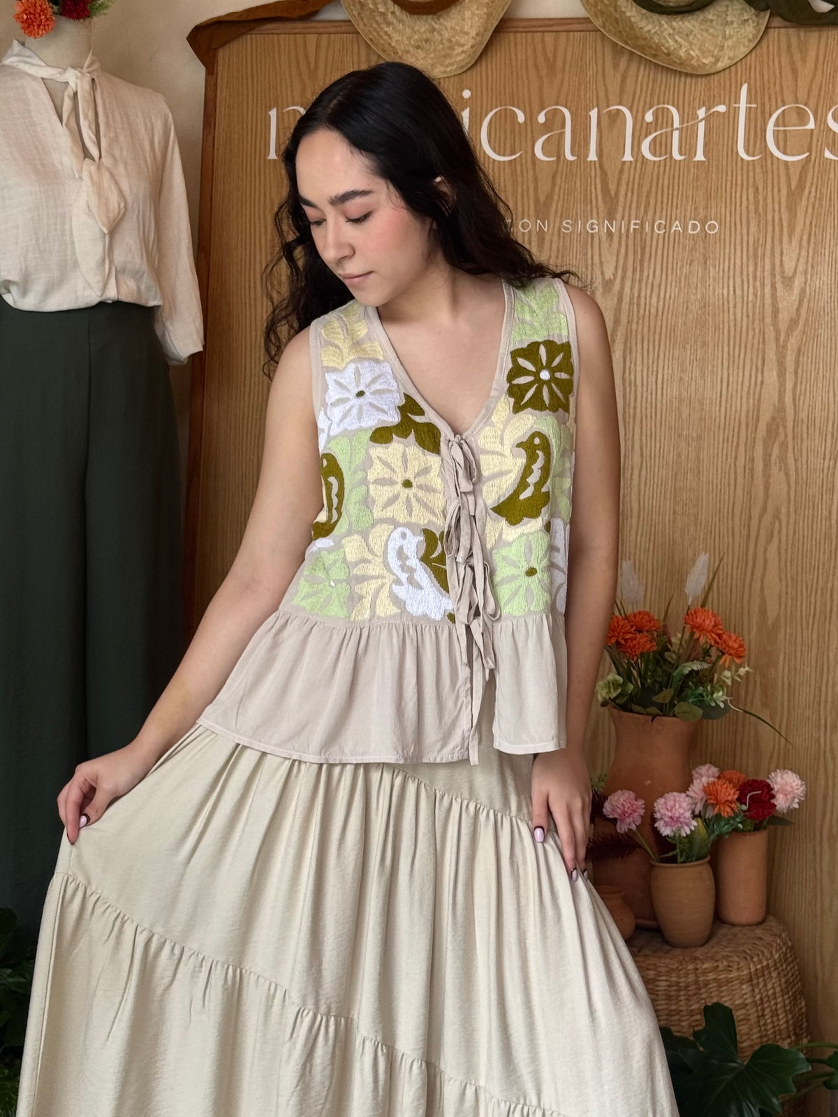 Chaleco Jalapa Con Olán Hueso Verde