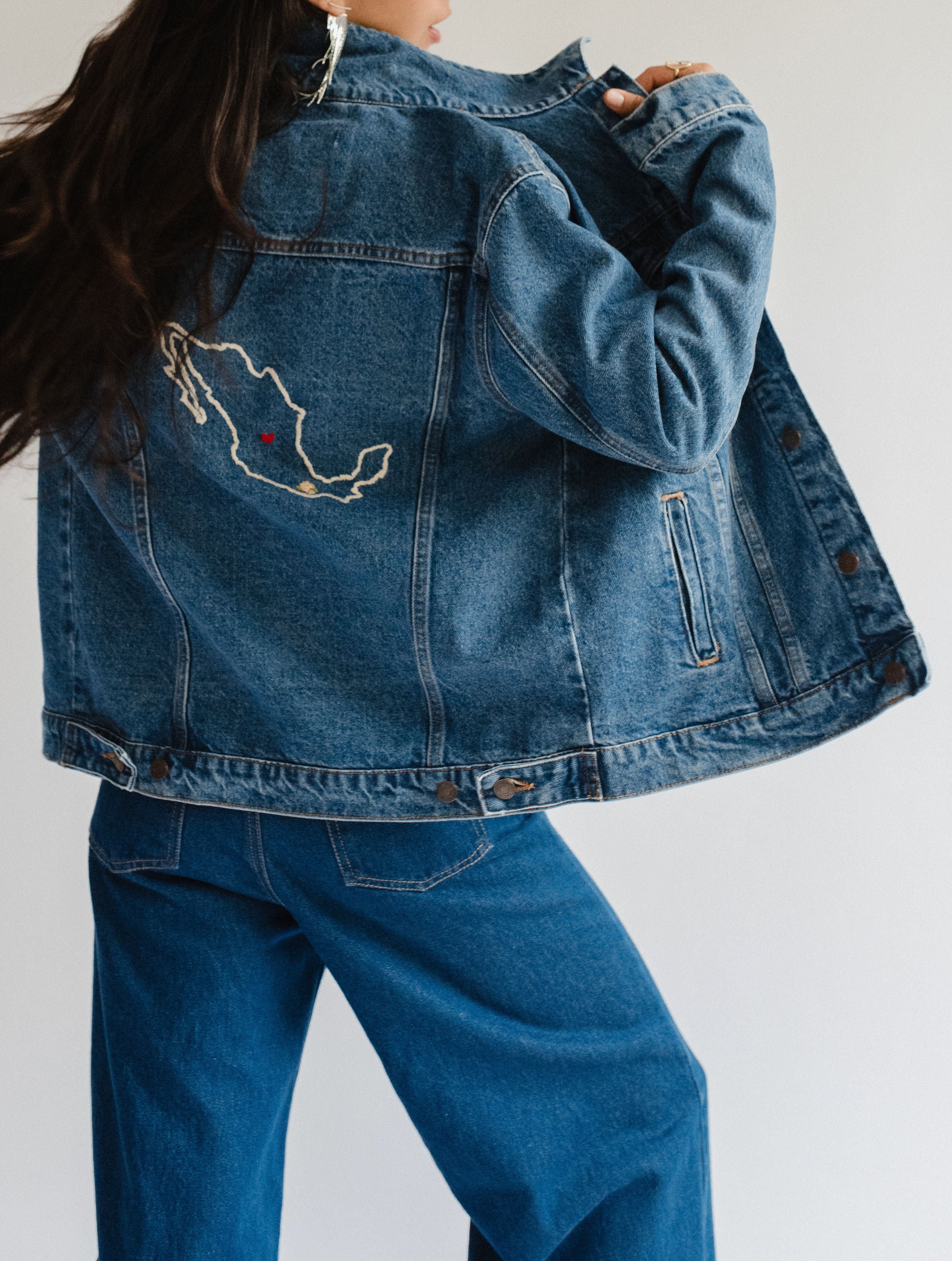 Two-tone Denim Jacket with Embroidered Map