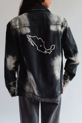 Two-tone Denim Jacket with Embroidered Map
