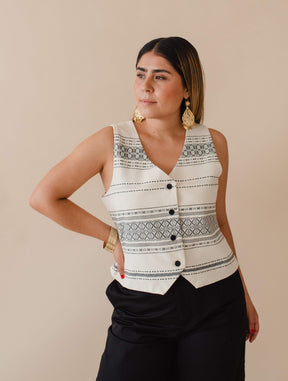 Chaleco Confianza Telar Hueso/Negro