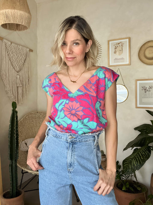 Blusa Jalapa V Lila/Multicolor Rosa y Aqua