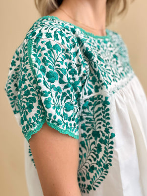 Mexicanartes Blusa San Antonino Blanco/Verde Esmeralda