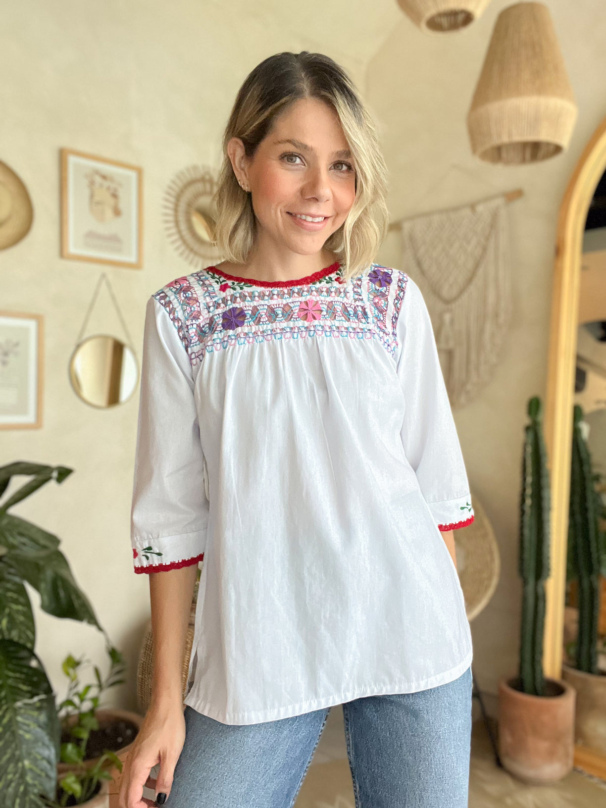 Mexicanartes Blusa San Antonino Deshilada Blanca/Multicolor Pasteles