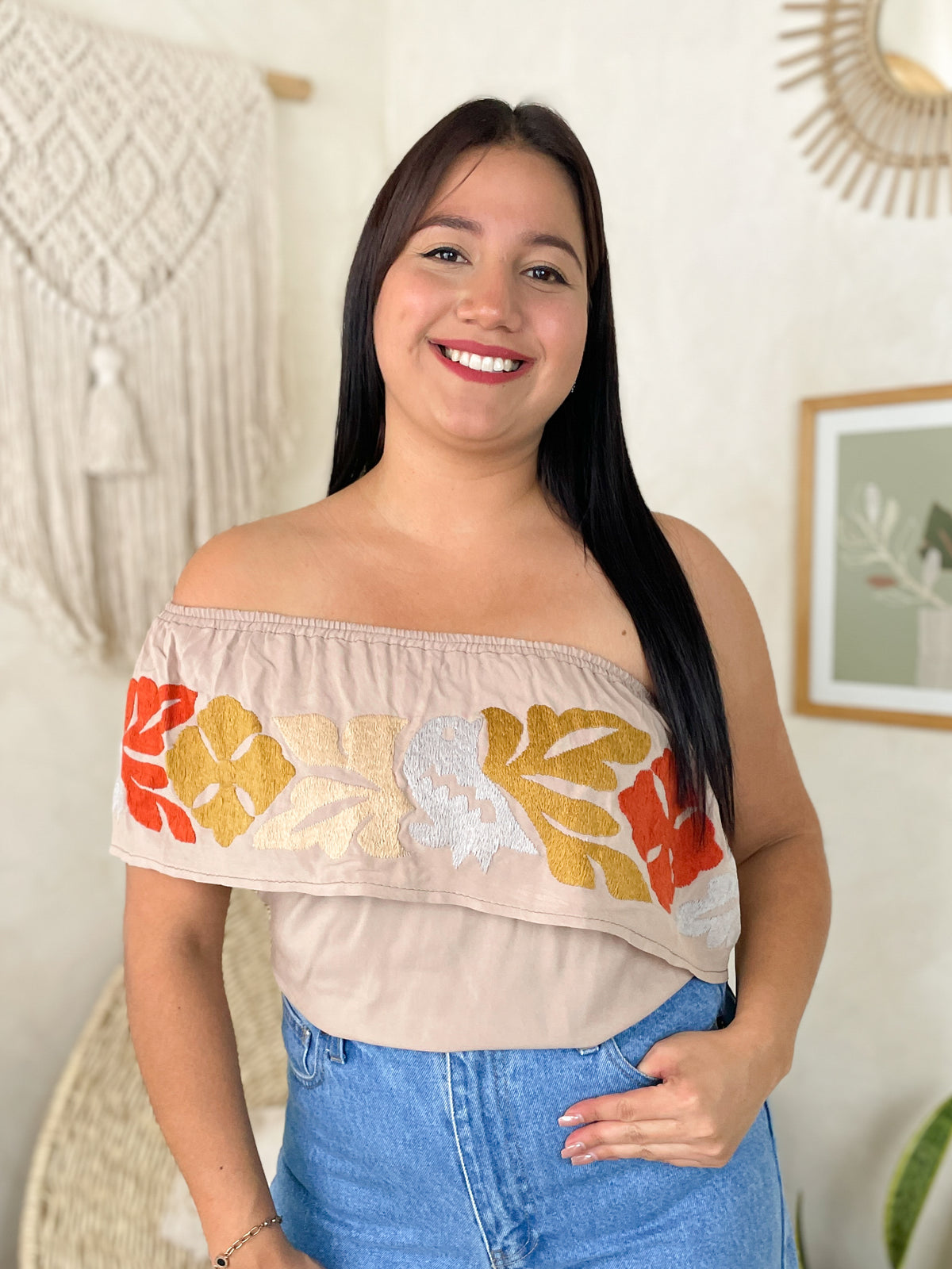 Blusa Campesina Mexicanartes Arena/Multicolor