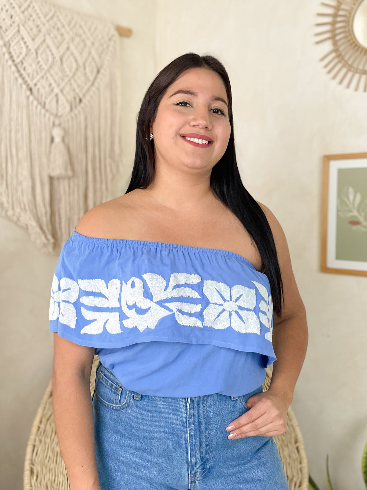 Blusa Campesina Mexicanartes Azul/Blanco