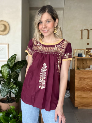 Mexicanartes Blusa San Antonino Deshilada Tinto/Dorado