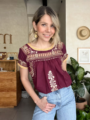 Mexicanartes Blusa San Antonino Deshilada Tinto/Dorado