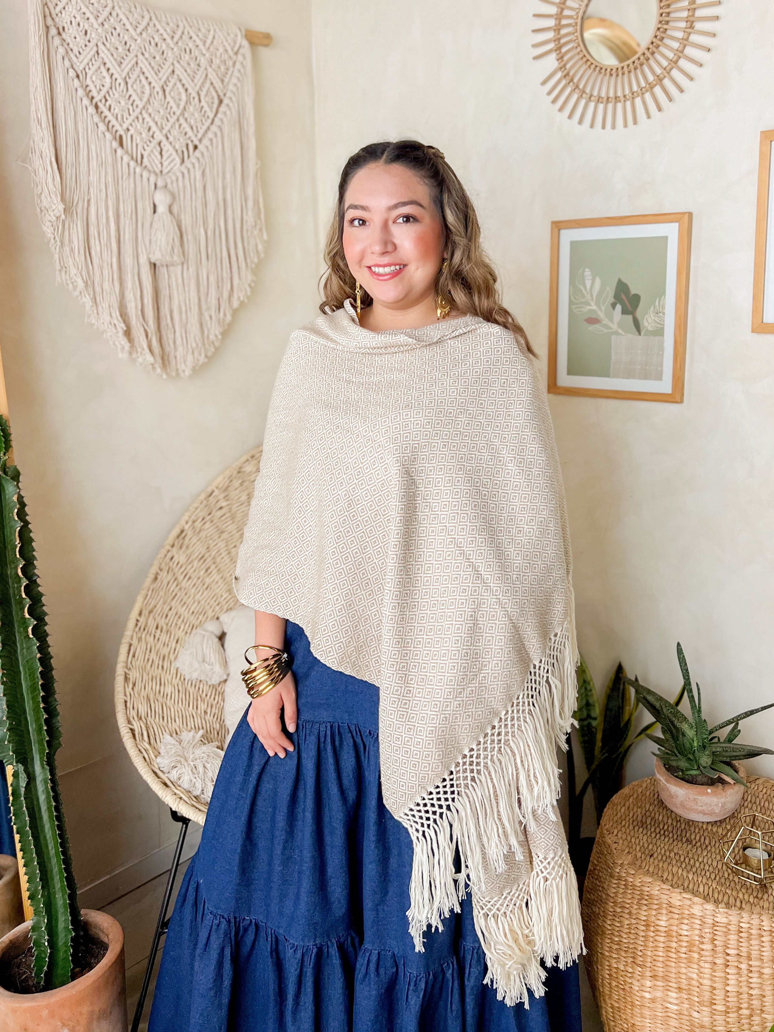 Rebozo Cocol Beige Blanco