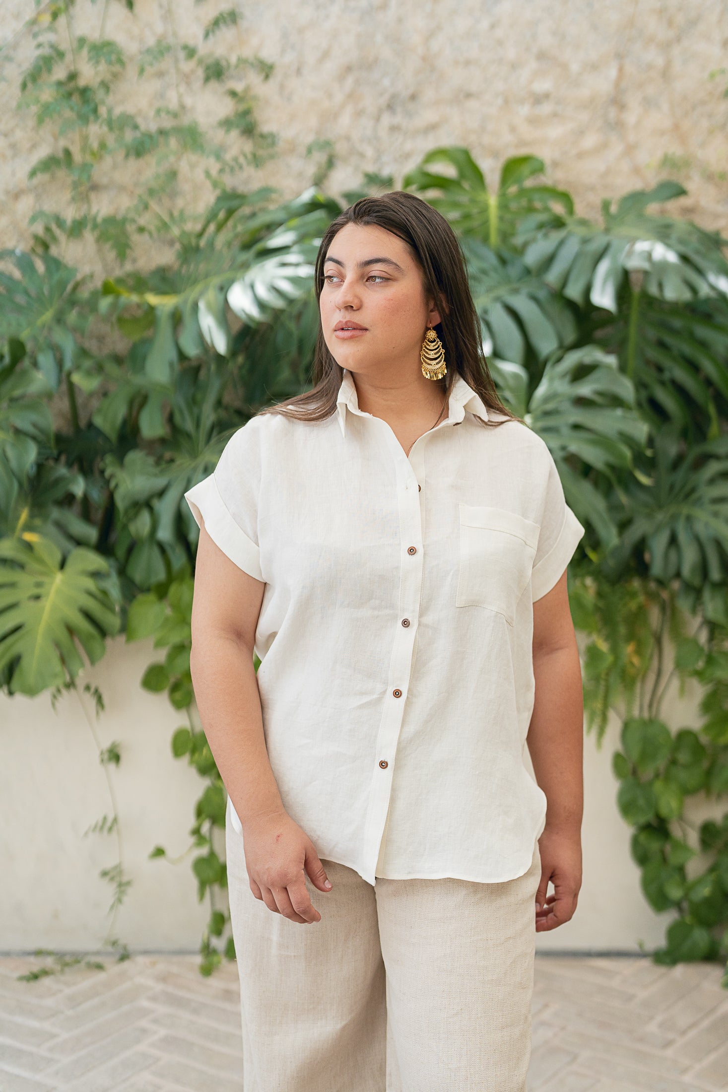 Camisa de Lino Marfil Manga Corta