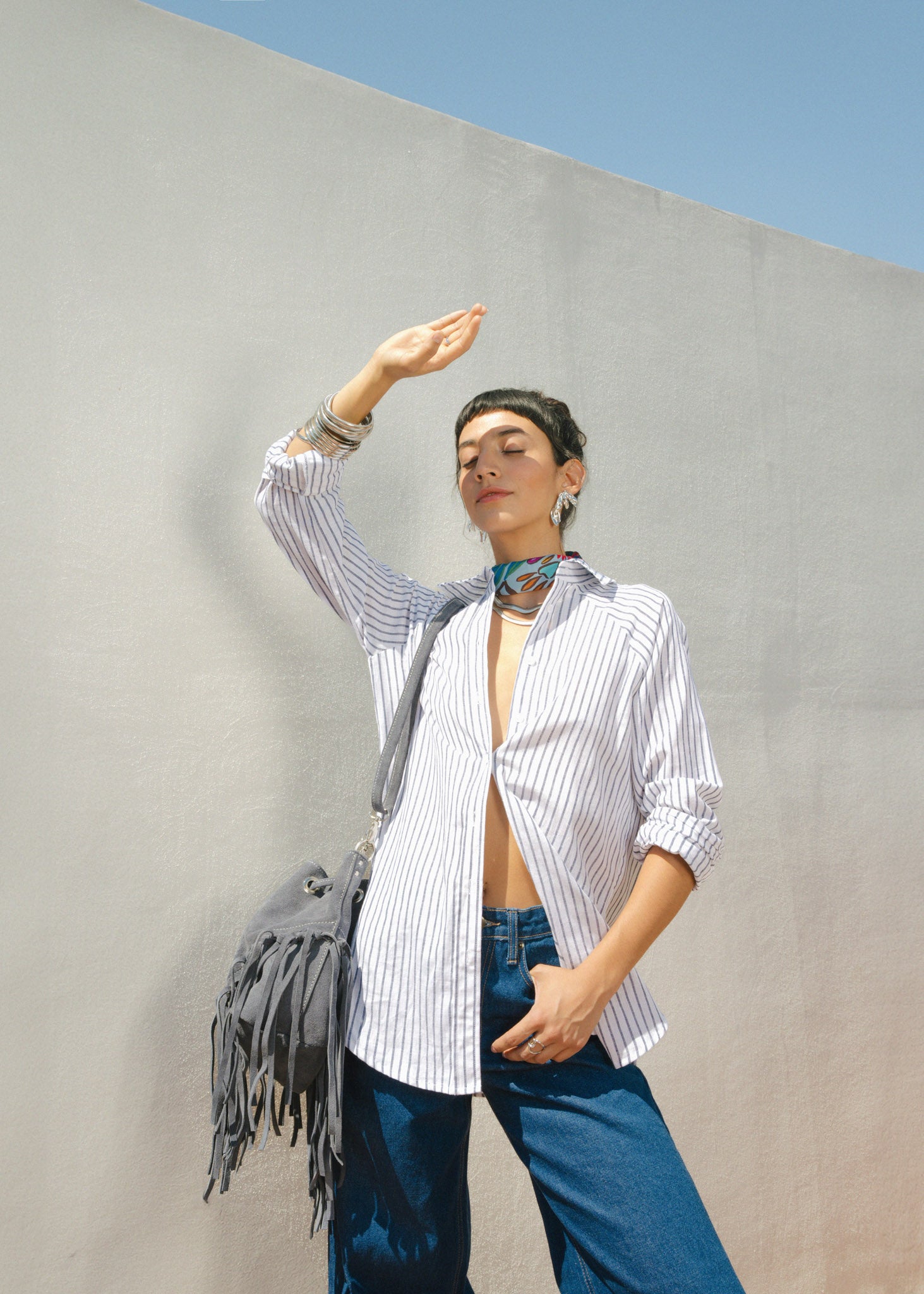 Camisa de Lino Manga Ranglan Líneas Azul