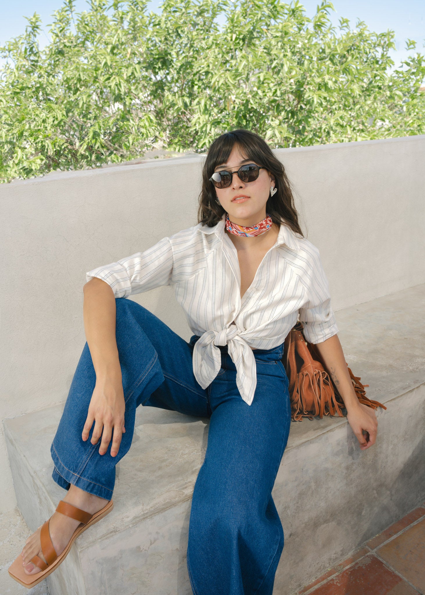 Camisa de Lino Manga Ranglan Líneas Hueso Azul