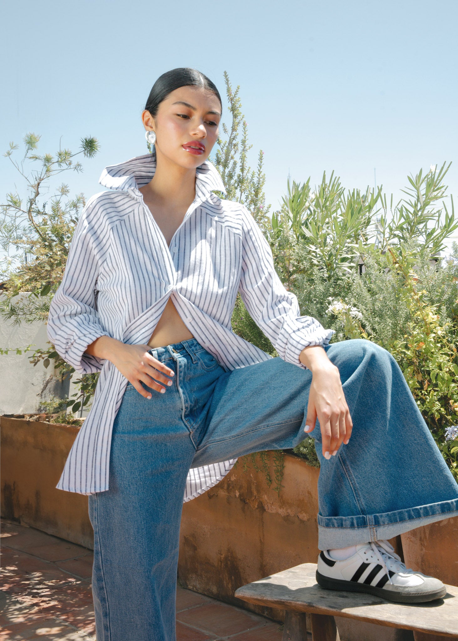 Camisa de Lino Manga Ranglan Líneas Azul