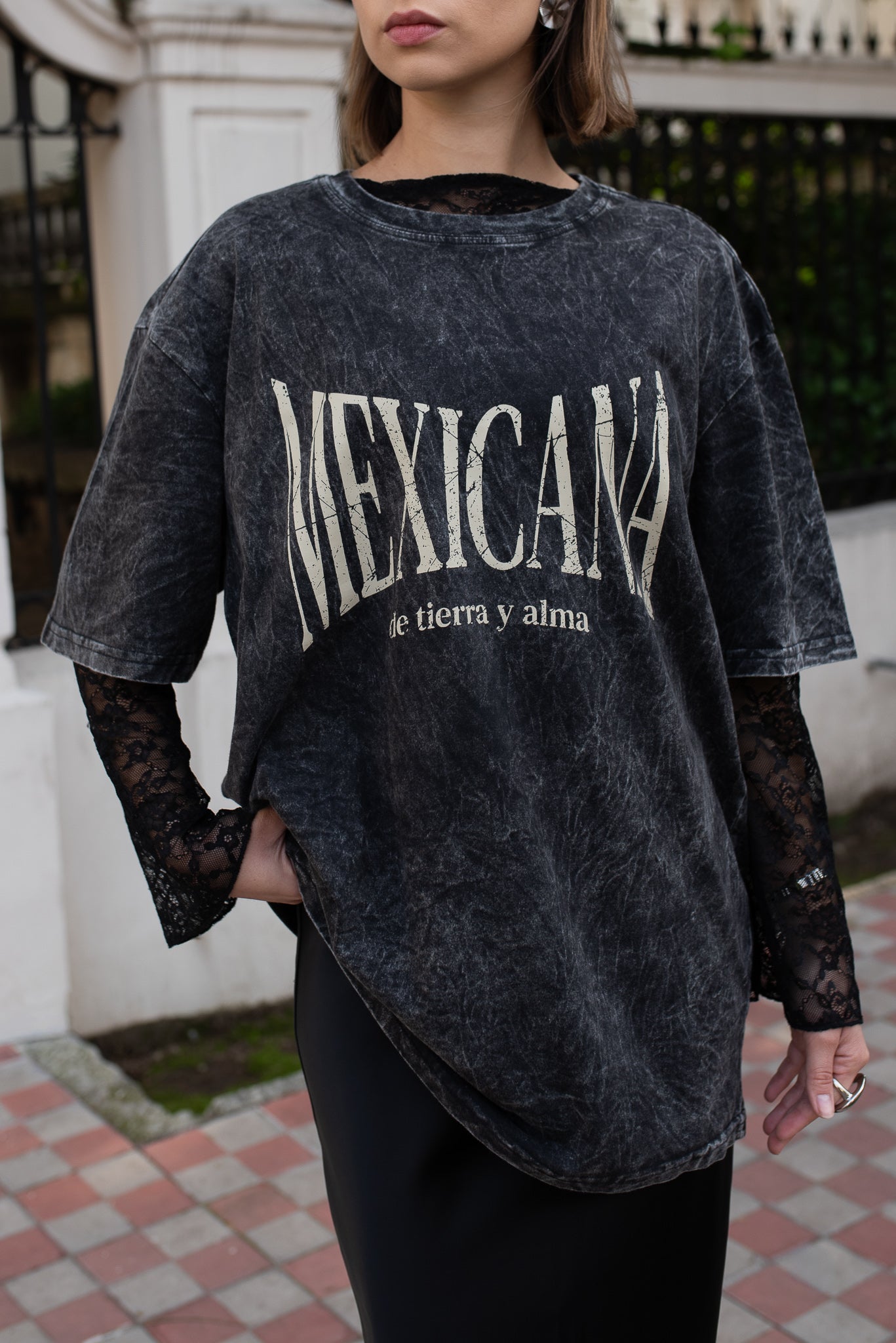 Playera Mexicana De Tierra Y Alma Negra Acid Wash Oversized