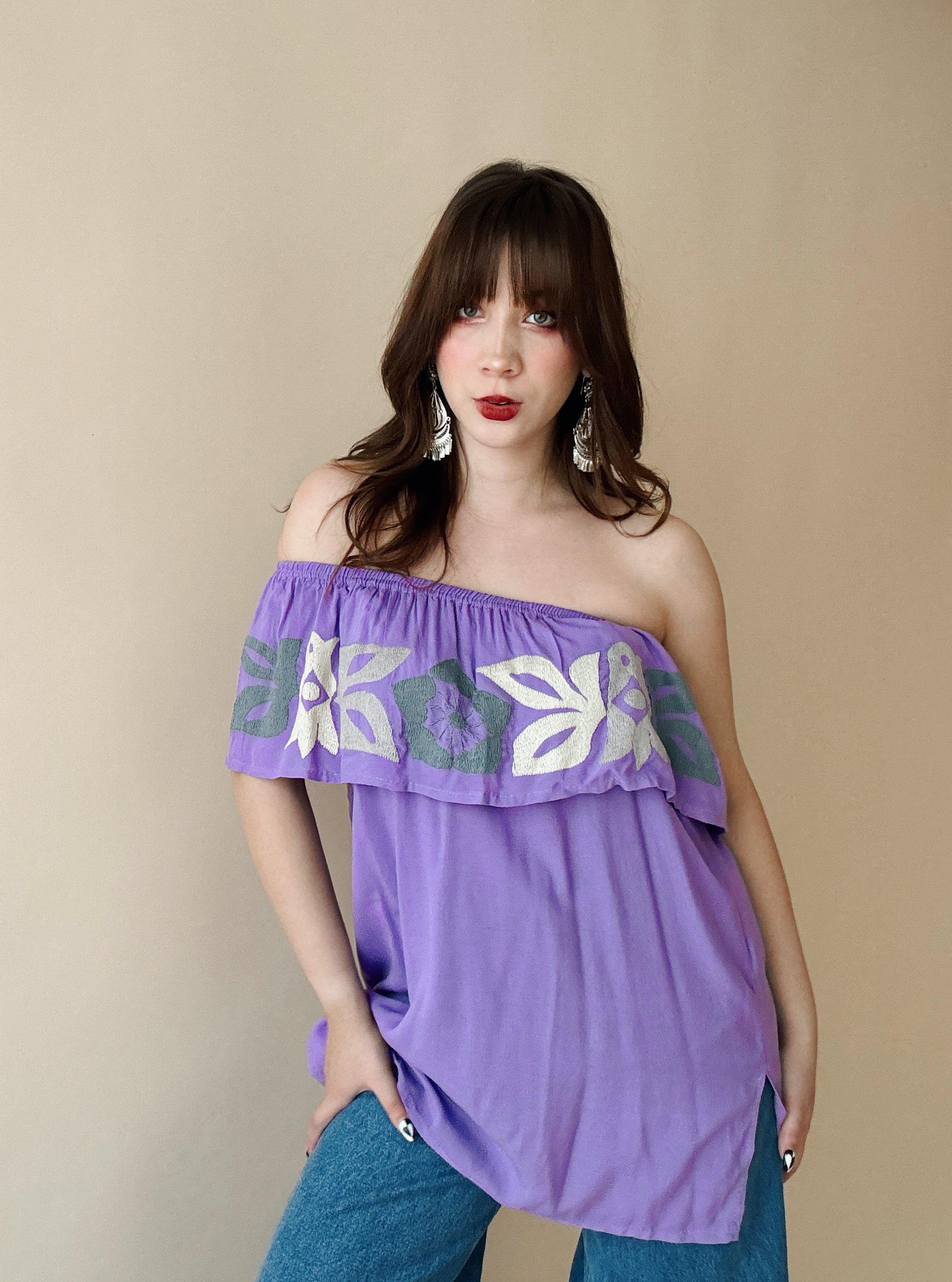 Blusa Campesina Mexicanartes Morado/Gris