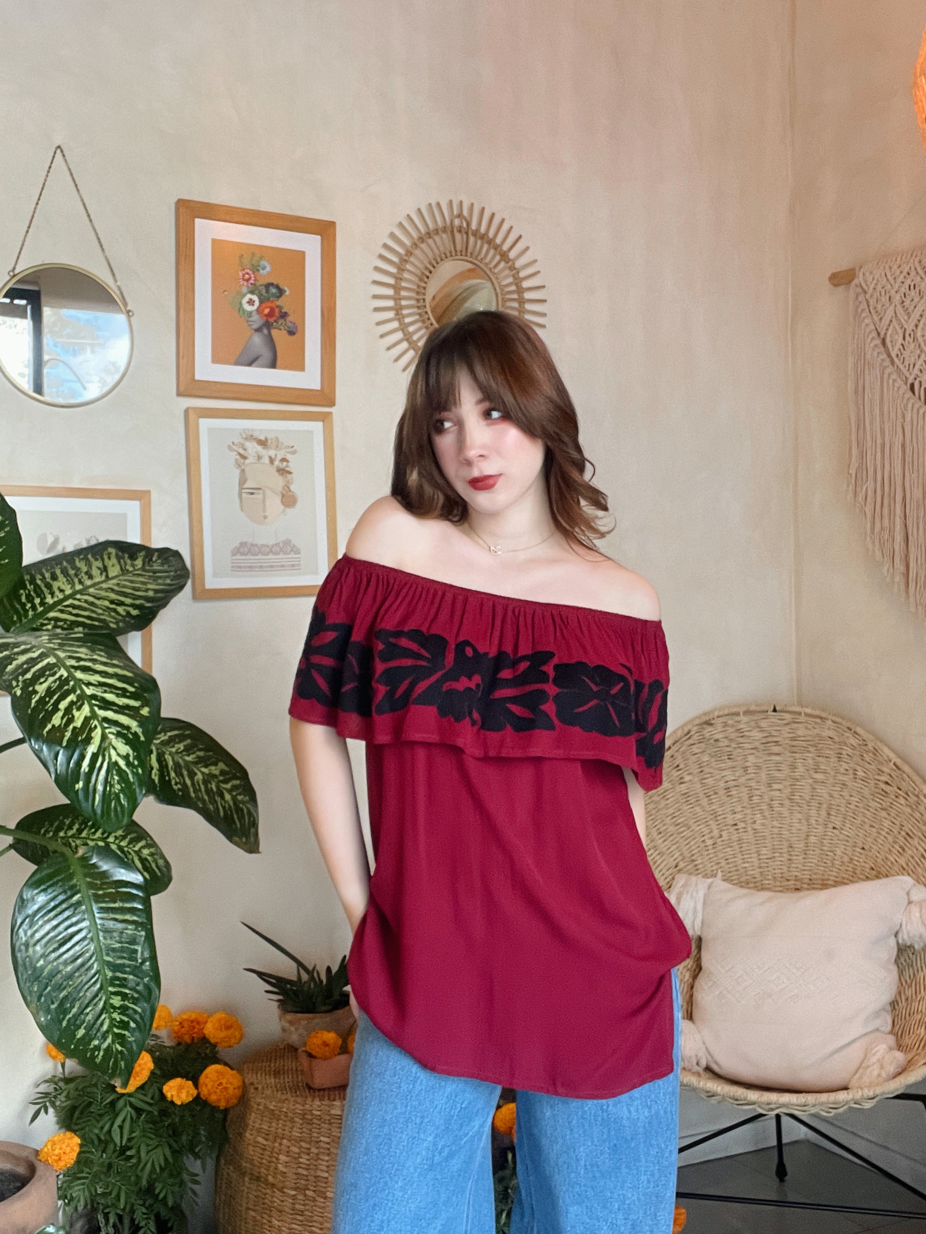 Blusa Campesina Mexicanartes Tinto/Negro