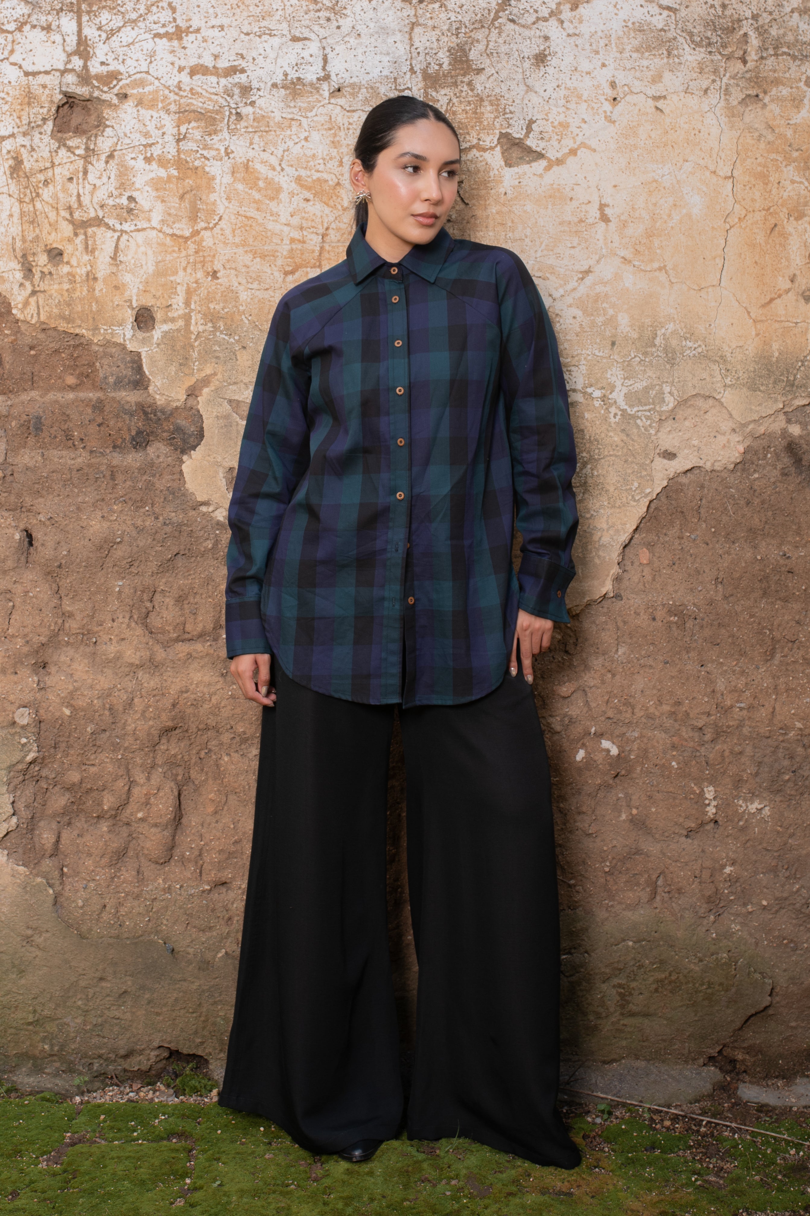Raglan Sleeve Checkered Shirt