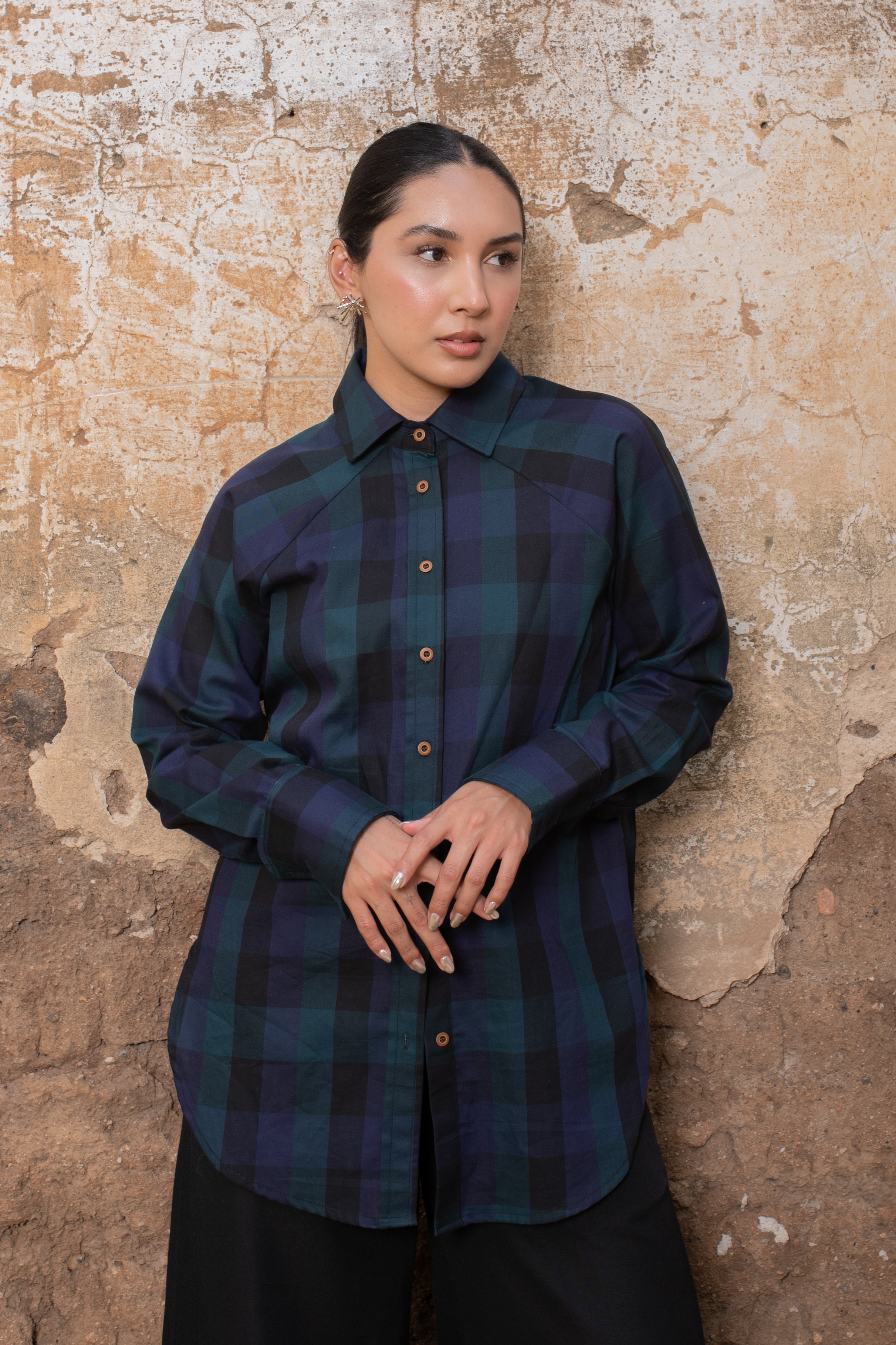 Raglan Sleeve Checkered Shirt