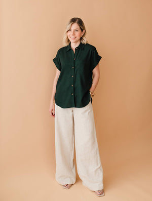Mexicanartes Camisa de Lino Verde Pino Manga Corta