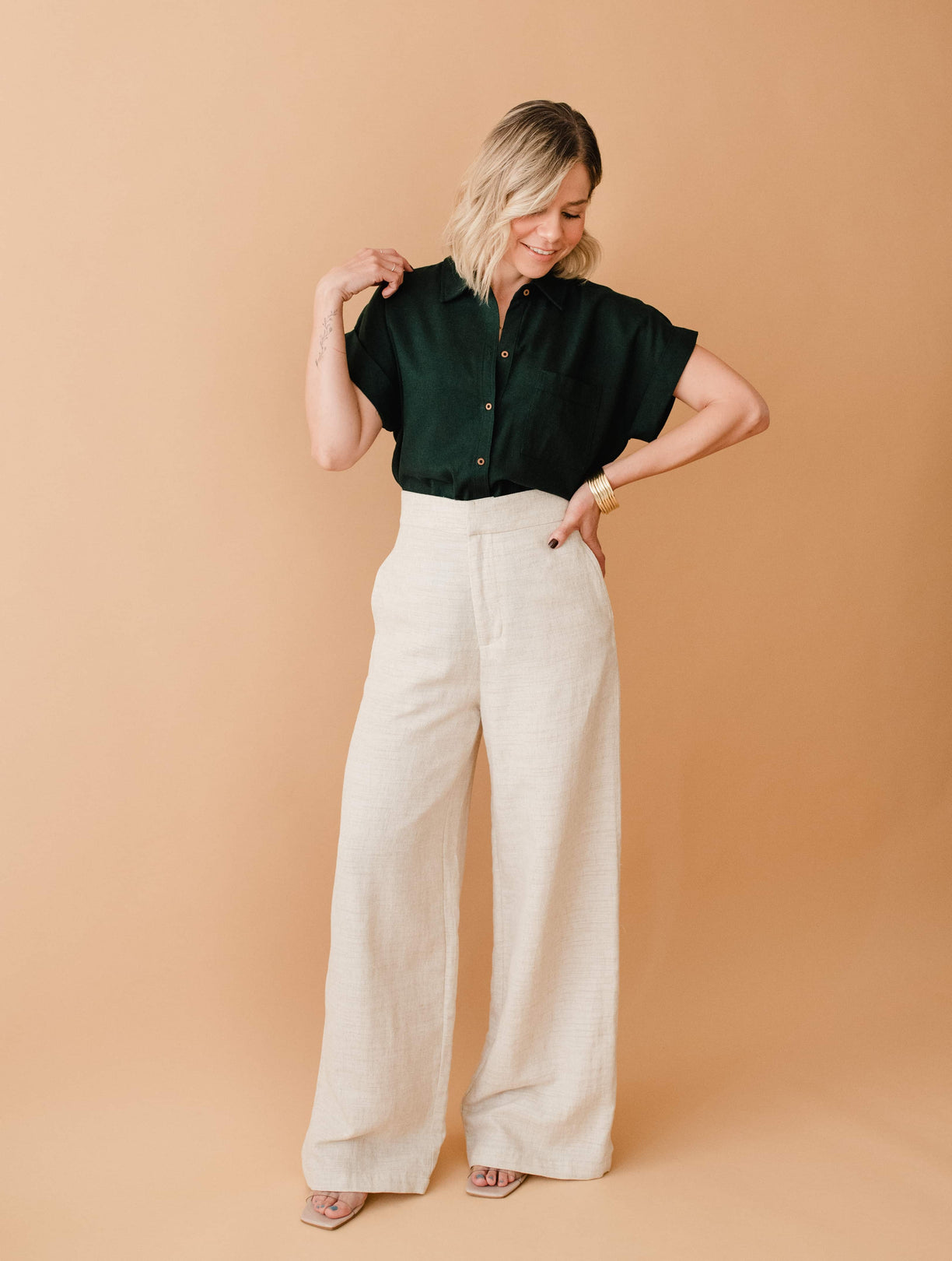 Mexicanartes Camisa de Lino Verde Pino Manga Corta