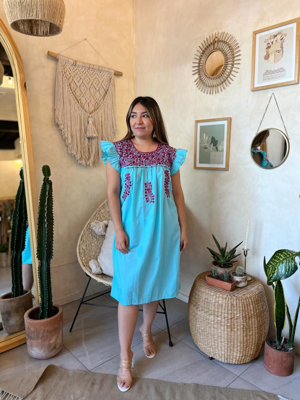 Vestido San Antonino Corto Azul Turquesa/Rosa